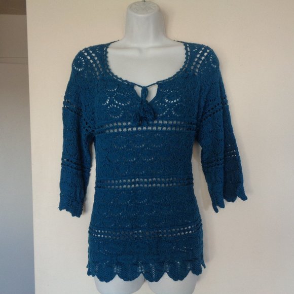 Lucky Brand Sweaters - Lucky Brand Live In Love Open Knit Drawstring Neck Tunic Sweater XL